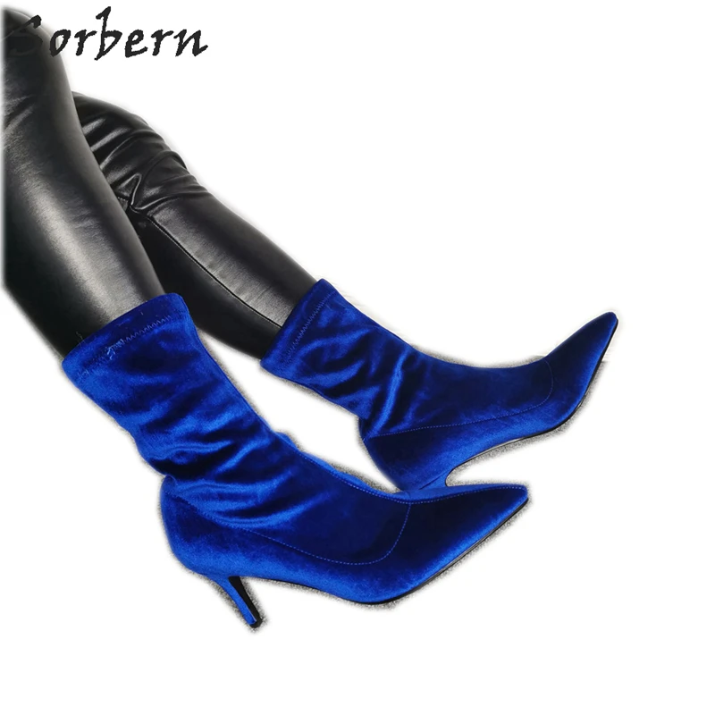 

Sorbern Royal Blue Velvet Kitten Heel Booties For Women Ankle High Stilettos Long Pointed Toe Stretched Short Ladies Boots