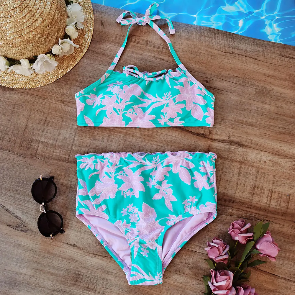 

Ruffle Frill Girl Swimsuit Kids High Waist Girl Bikini Set 7-14Years Two Piece Children's Swimwear Halter Top Girls Bathing Suit