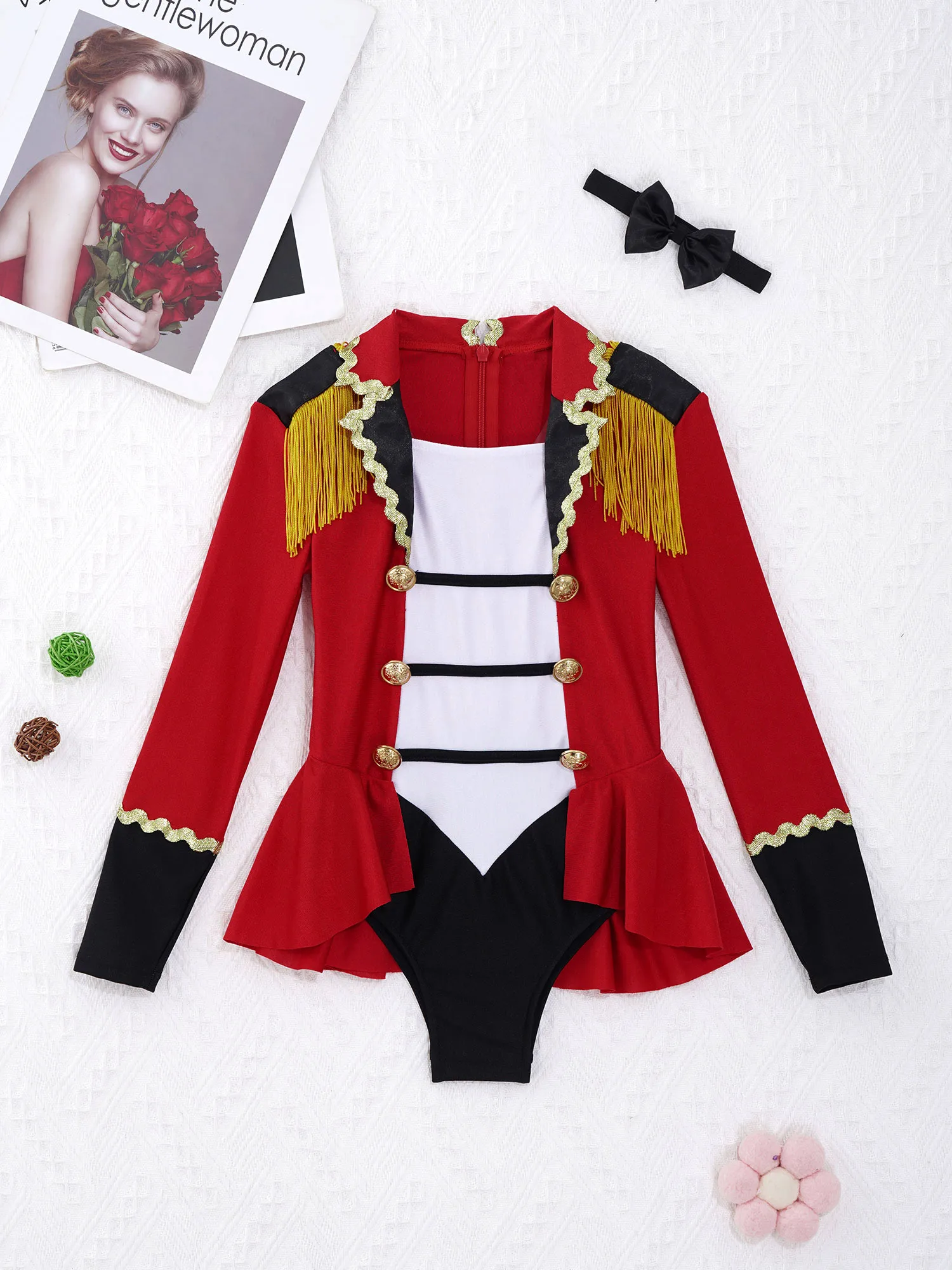 Kids Girls Circus Ringmaster Cosplay Costumes Long Sleeves Bodysuit Leotard Tassel Buttons Romper Jumpsuit for Halloween Party