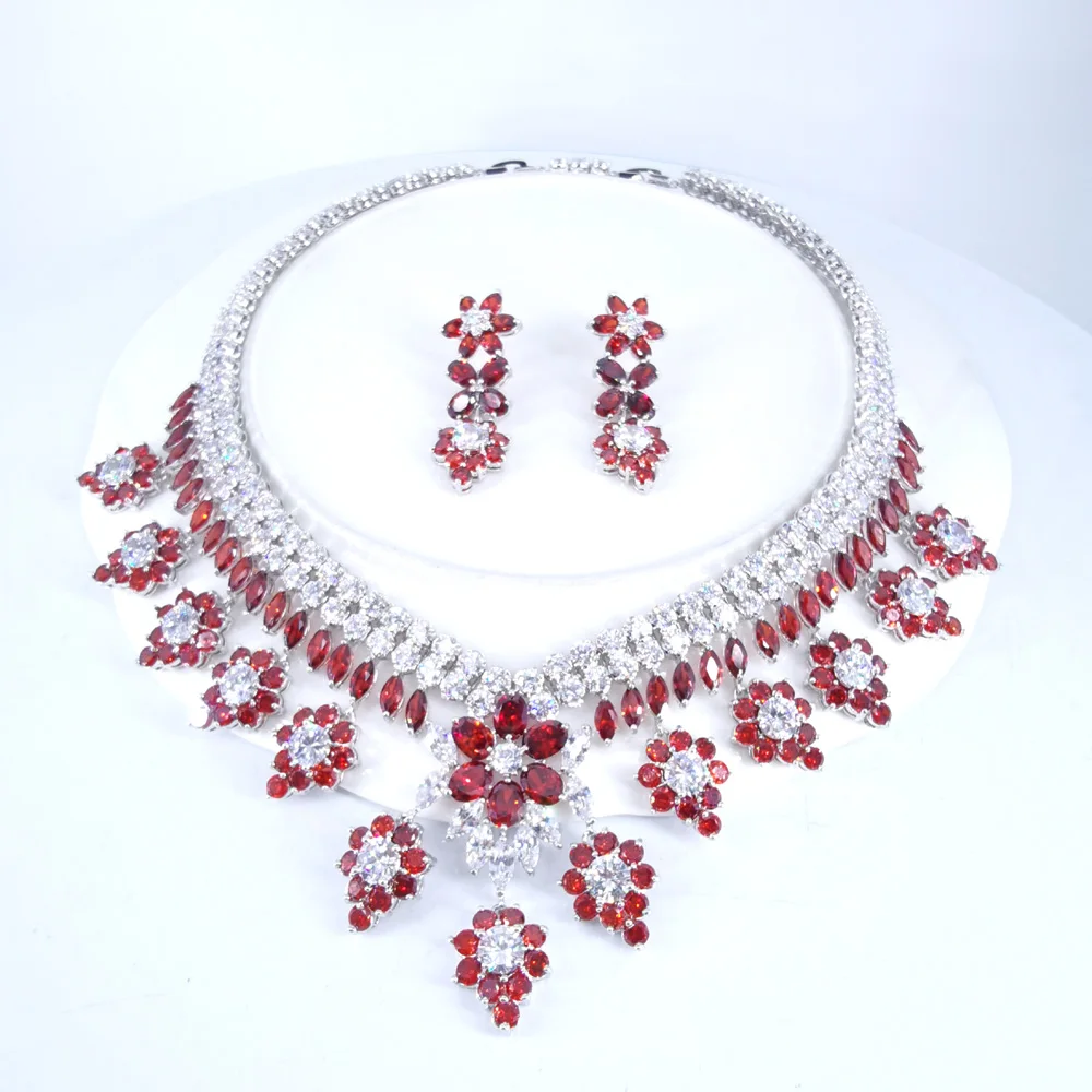 

2024 new fashion luxury retro Dubai style red flowers zircon necklace earring set,wedding bride dinner party formal jewelry set