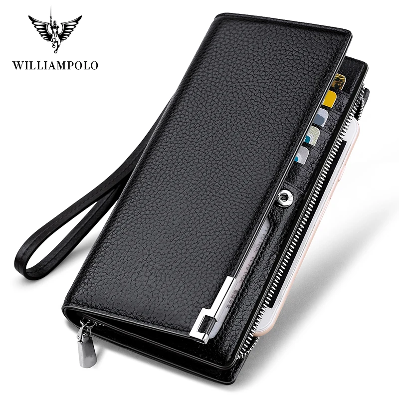 WILLIAMPOLO  Fashion Long Design Genuine Cow Leather Wallet Man Metal Corner Phone Wallet Luxury Wallet Black #129