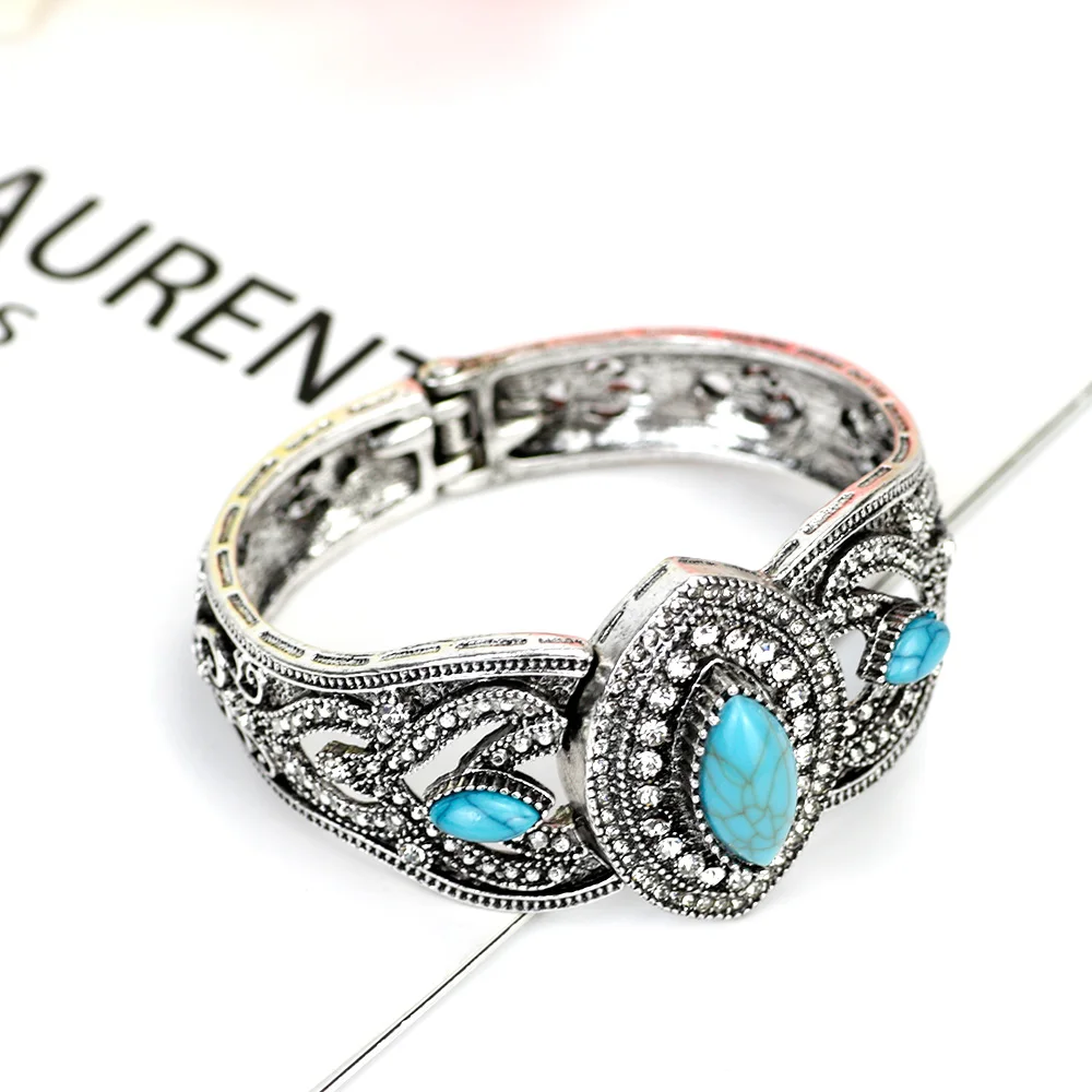 Sunspicems Vintage Natural Stone Cuff Bracelet Female Bangle Turkish Ethnic Wedding Jewelry Antique Silver Color Bohemia Bangle