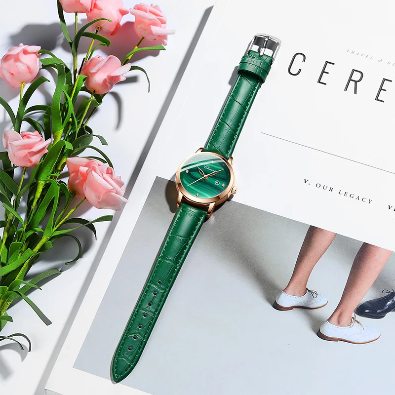 Rose Gold Green Women Watches Ins Popular Ladies Watch Unique Stylish Malachite Antique Leather Fashion Female Wristwatch Gift