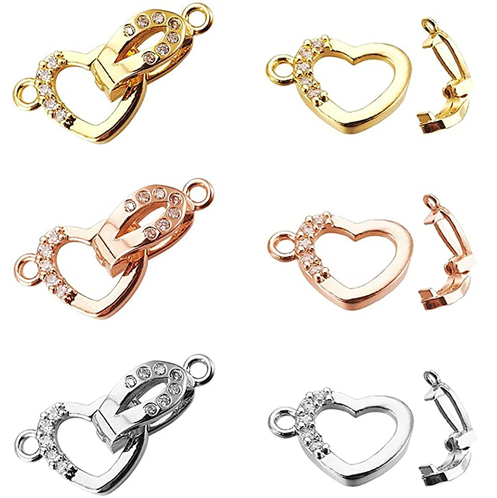 5Set 18mm Brass Micro Pave Cubic Zirconia Heart Fold Over Clasps Mixed Color For DIY Jewelry Making Decor Accessories