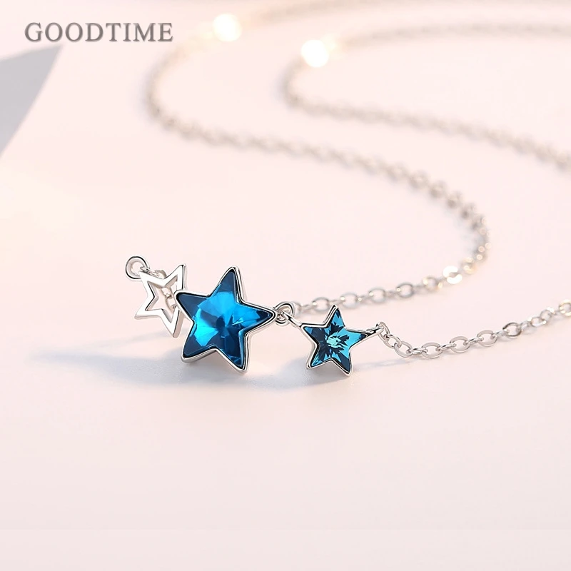 Fashion Pure 925  Sterling Silver Necklaces Blue Zircon Pentagonal Star Pendant Chain Lady Anniversary Gift Noble Women Necklace