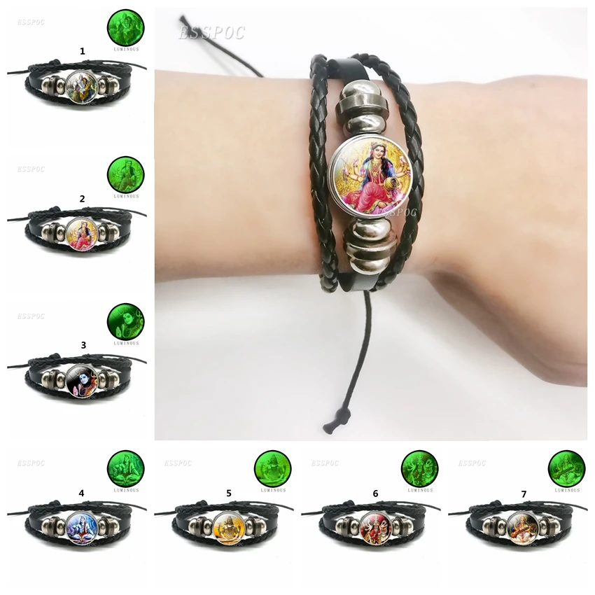 Krishna and Radha Amulet Luminous Bracelet Glass Dome Bangle Lucky Jewelry Multi-Layer Weave Rope Leather Bracelet Yoga Jewelry