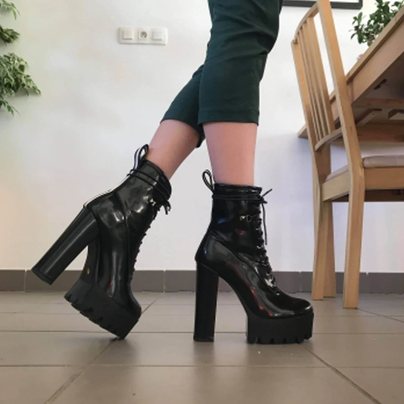Onlymaker Round Toe Black Patent Leather Chunky High Heels Platform Ankle Boots Big Size Shoes