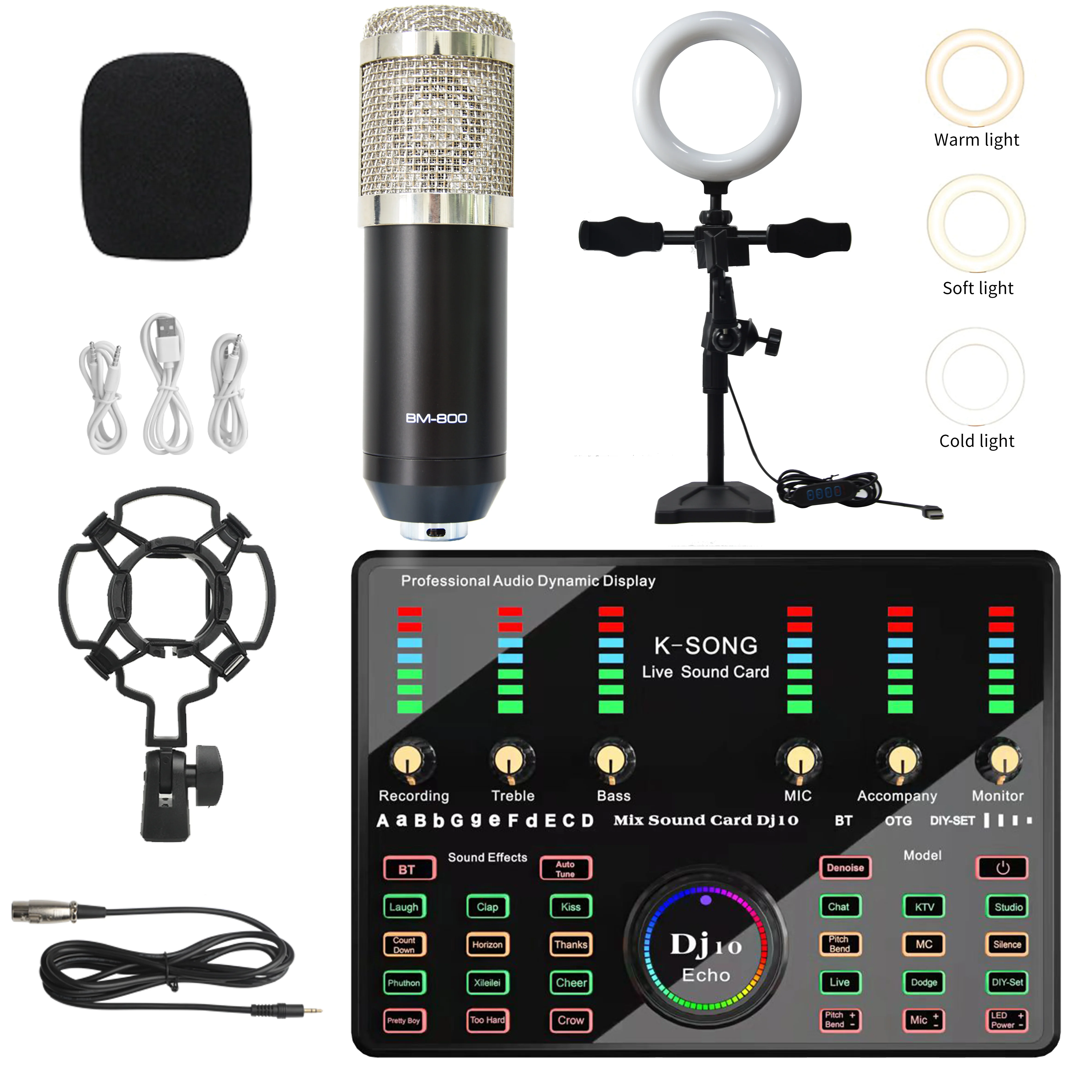 BM 800 전문 콘덴서 마이크 (PC 폰용 링 필 라이트 포함) 라이브 스트리밍 키트 가라오케 노래 게임 마이크 스탠드