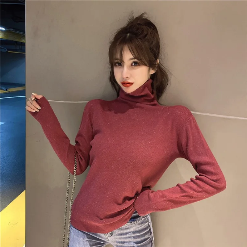 

Yq789542 Women Knitted Turtleneck Sweater Basic Skinny Fashion Urban Elegant Bling Trendy Office Ladies Solid Color Knitwear