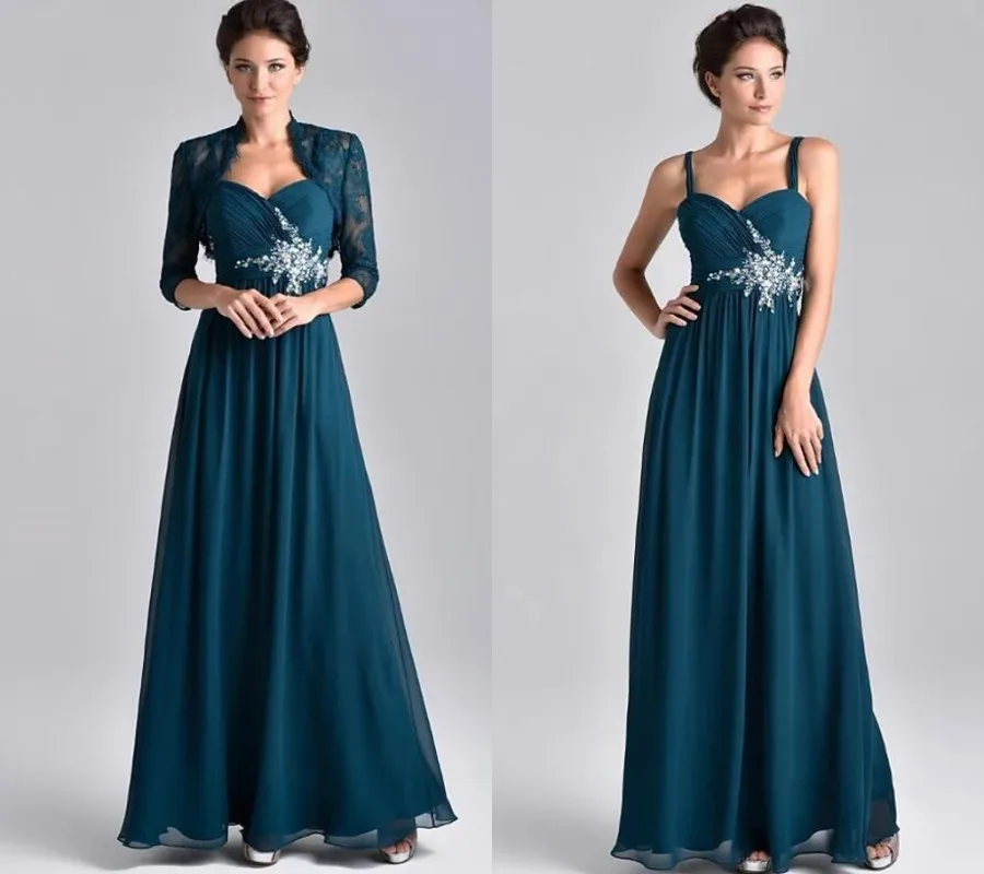 Twee Stuk Inkt Blauw Moeder Van De Bruid Jurk Elegante Spaghetti Band Floor Lengte Chiffon Lace Bridal Party Gown Robe de Soiree