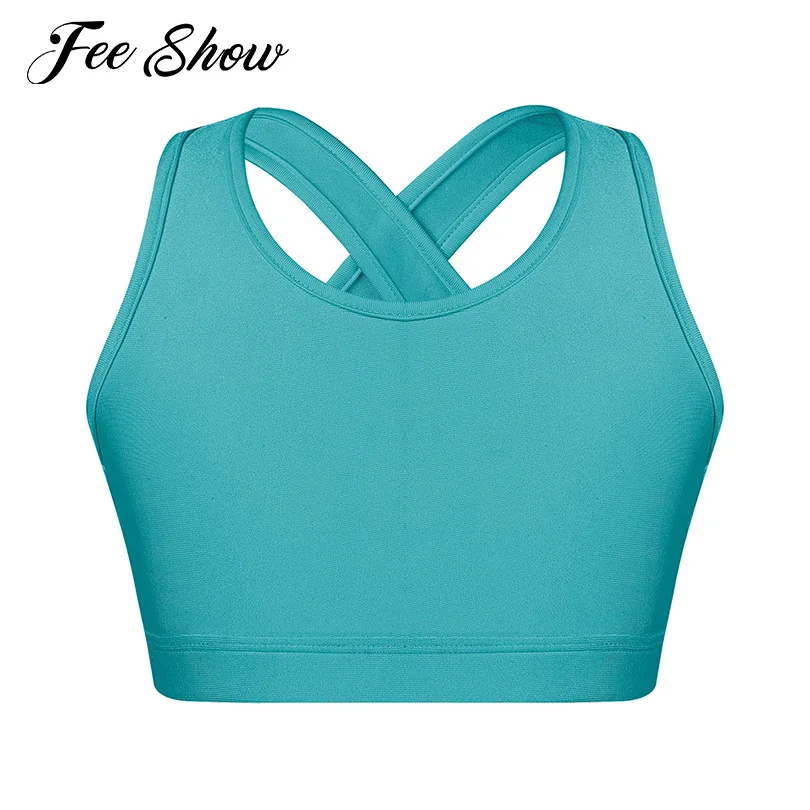 

Kids Girls Dance Top Sport Cropped Top Vests Shoulder Straps Sleeveless Keyhole Back Shockproof Running Gym Yoga Sports Bra Top