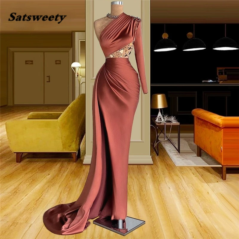 Exquisite Light Brown Satin Mermaid Prom Dresses One Shoulder Long Sleeve Dimond Pleats Floor Length Evening Gowns 2024