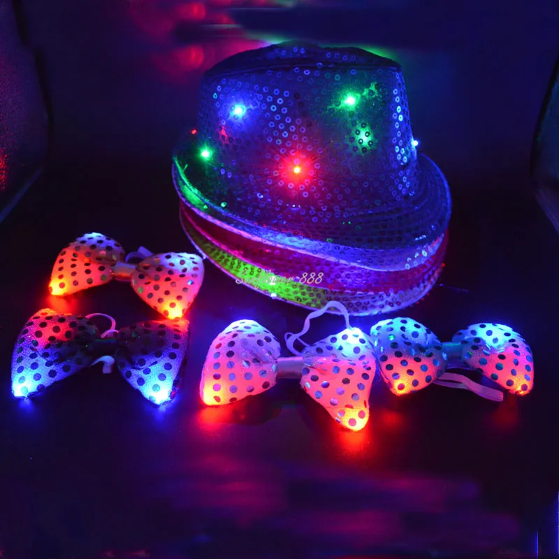 LED Flashing Light Up Sequin Tie Bow with Fedora Hat Party Wedding Boy Men            Christmas Decoration