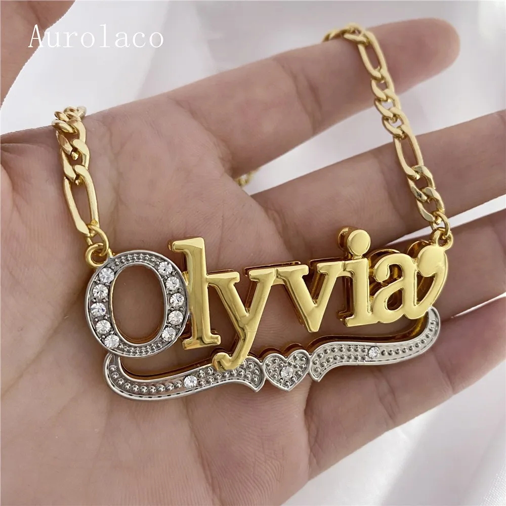 

Custom Two Color Necklace Stainless Steel Double Layer Under Heart Nameplate Pendant CZ Diamond Name Necklace for Women Gifts