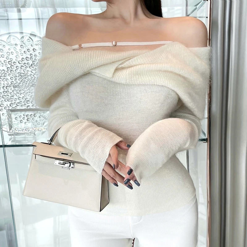 TWOTWINSTYLE Casual Slim Knitted Pullovers For Women Slash Neck Long Sleeve Elegant Sweater Female Fashion New Clothing 2021