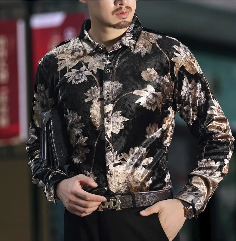 

Winter BONJEAN Thick Shirt Mnes Tops Floral Long Sleeve Warm Velvet Shirt Casual Business Dress Shirts Men Silk Shirt