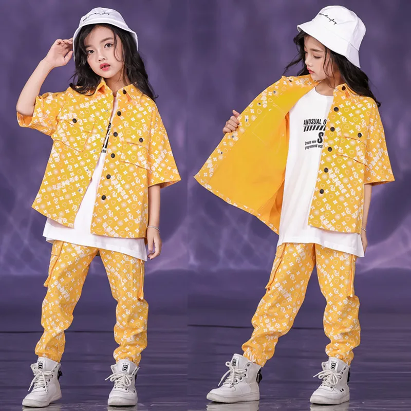 Boys Printed Shirt Hip Hop Girls Short Sleeved Blouse Street Dance Clothes Sets Kids Jogger Pants Outfit Teen Costume Streetwear