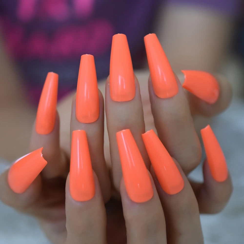 24pcs Orange Coffin False Nail Extra Long Full Cover Sculpted Ballerina Acrylic Fake Nails Fingernail Tips Manicure Charms