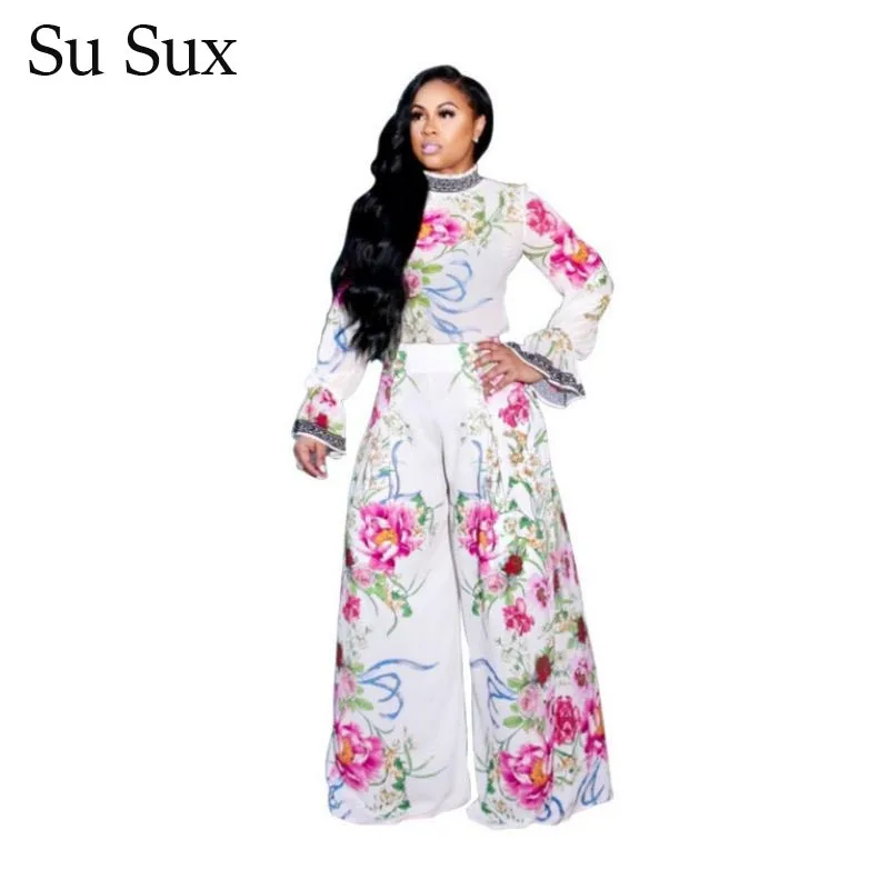 

Vintage Chiffon Two Piece Set Women Outfits Plus Size Flare Sleeve Top&Long Pants Suit Flower Print Tracksuit Vestidos Autumn