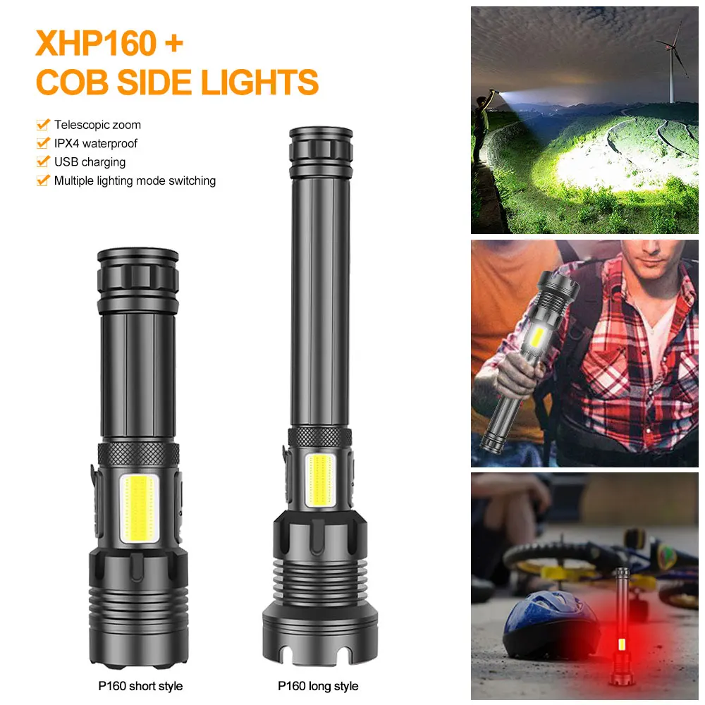 

XHP160 COB Red/White Light Zomable Tactical Flashlight USB Rechargeable Waterproof Hunting Glare Flashlight Torch 18650/26650