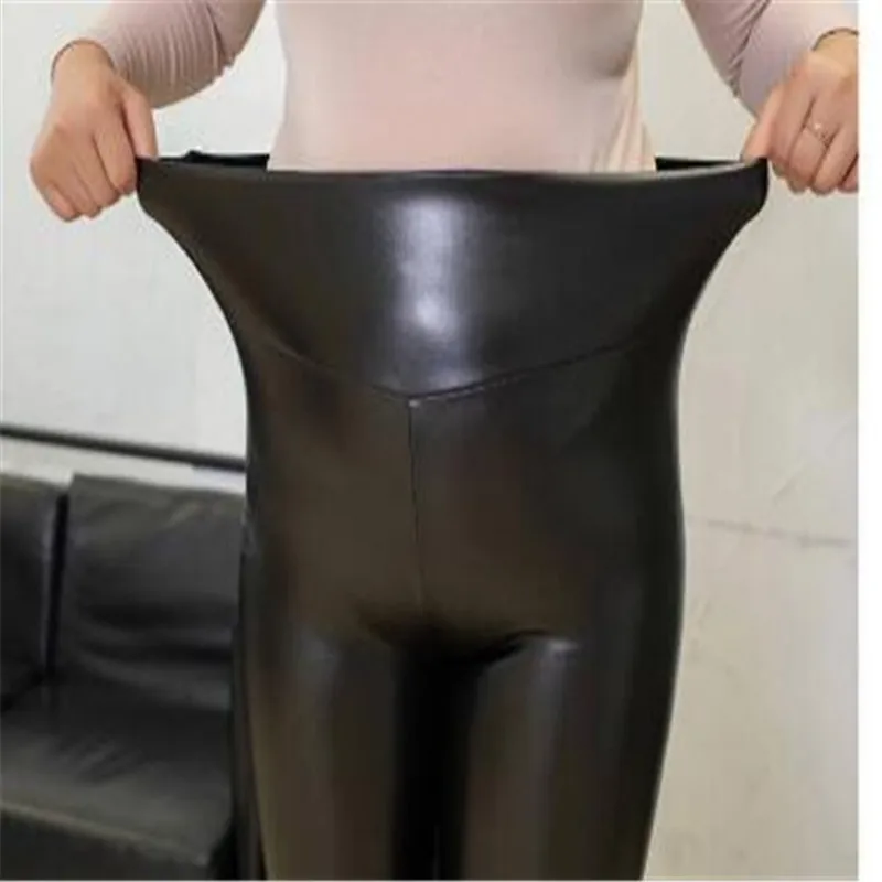 Frau Übergroßen Winter Wasserdichte Elastische Taille Stretch Plus Samt Dicken Pu-Bleistift Hosen Dame Hohe Warme Leggings Hosen