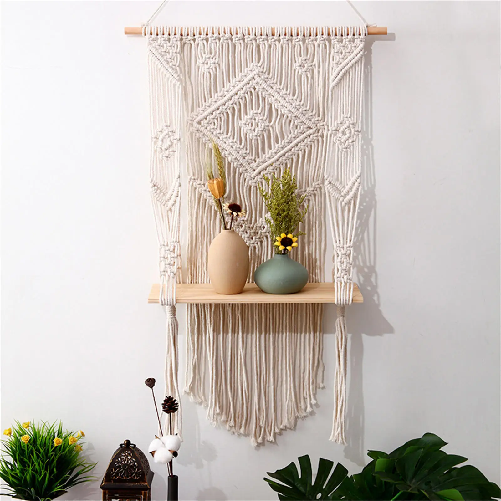 

Minimalist Bohemian Wall Decor Unique Hanging Woven Tapestry With Shelf Cotton Rope And High-quality Imported Beech Wood