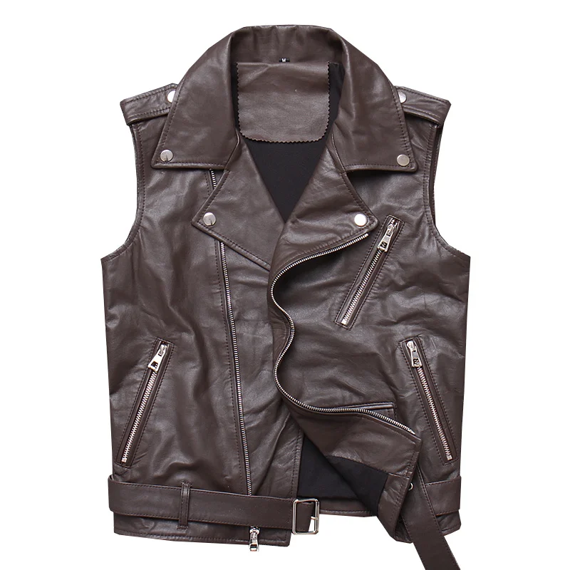 

Real Womens Leather Vest Brown Waistcoat Biker Motorcycle Sleeveless Jacket Vintage Short Style Punk Rock Sheepskin Leather Coat