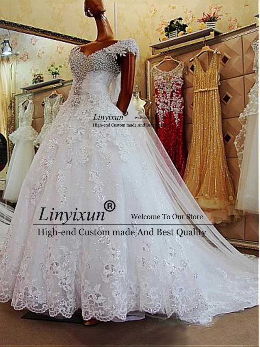 Amazing Tulle Off Shoulder V-Neck Wedding Dresses 2021 Court Train Ball Gown Custom Make Vestidos De Novia With Lace Appliques