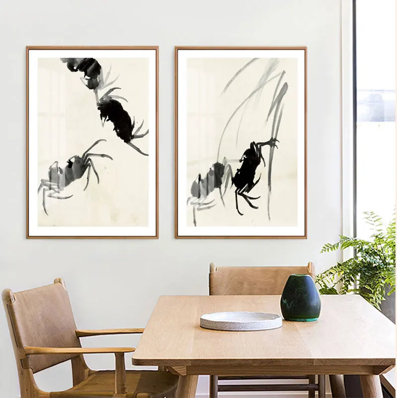 Chinese style Ink Blue Shrimp Posters Prints Canvas Paintings Wall Art For Living Room Decor For Bedroom Aesthetic Artwork