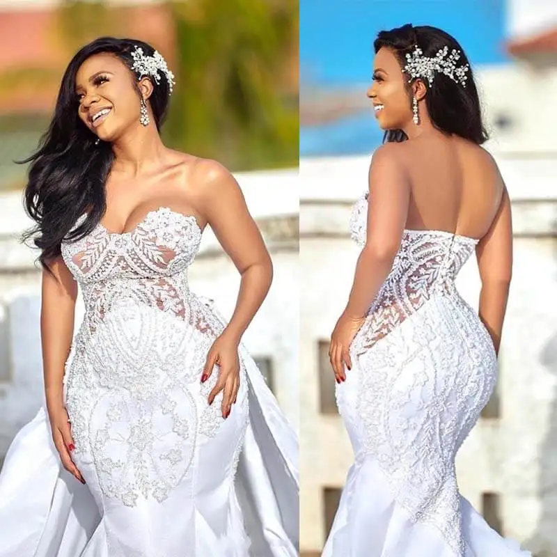 2020 African Plus Size Wedding Dress with Detachable Skirt Sweetheart Mermaid Wedding Gowns Appliqued Satin Bridal Dress