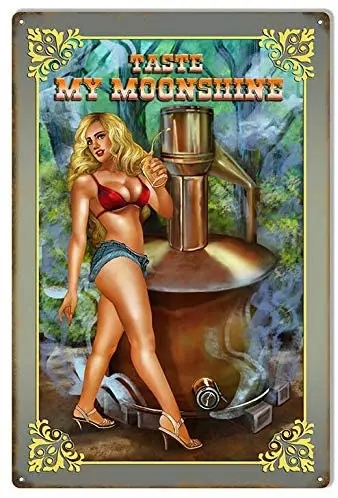 Vintage 8x12inch Taste My Moonshine Pin Up Bar Girl Metal Tin Sign Wall Decor Signs