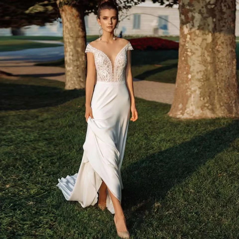 Vestido de novia de gasa con cuello transparente, traje de novia blanco bohemio, rústico, Civil, Simple, mangas casquillo, playa, personalizado, 2024