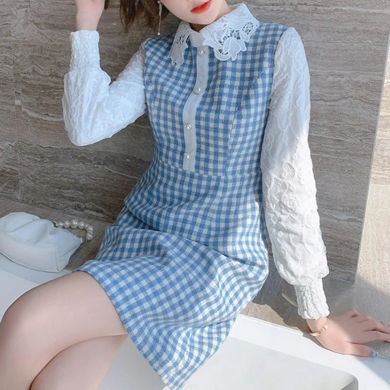 

Short Ladies A-Line Dress Plaid Spliced Lace Long Sleeve Lapel Women Blue Elegant Rhinestone Buttons Autumn Winter High Waist