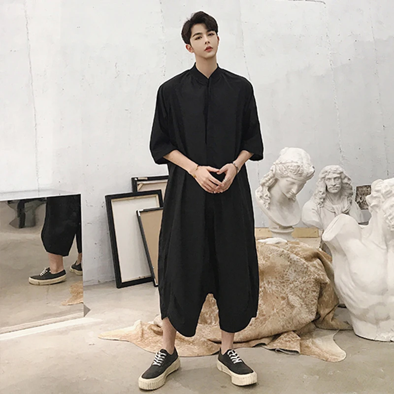 Summer men's trousers five point silhouette casual pants loose long sleeve one piece men's standing collar straight tube fashion