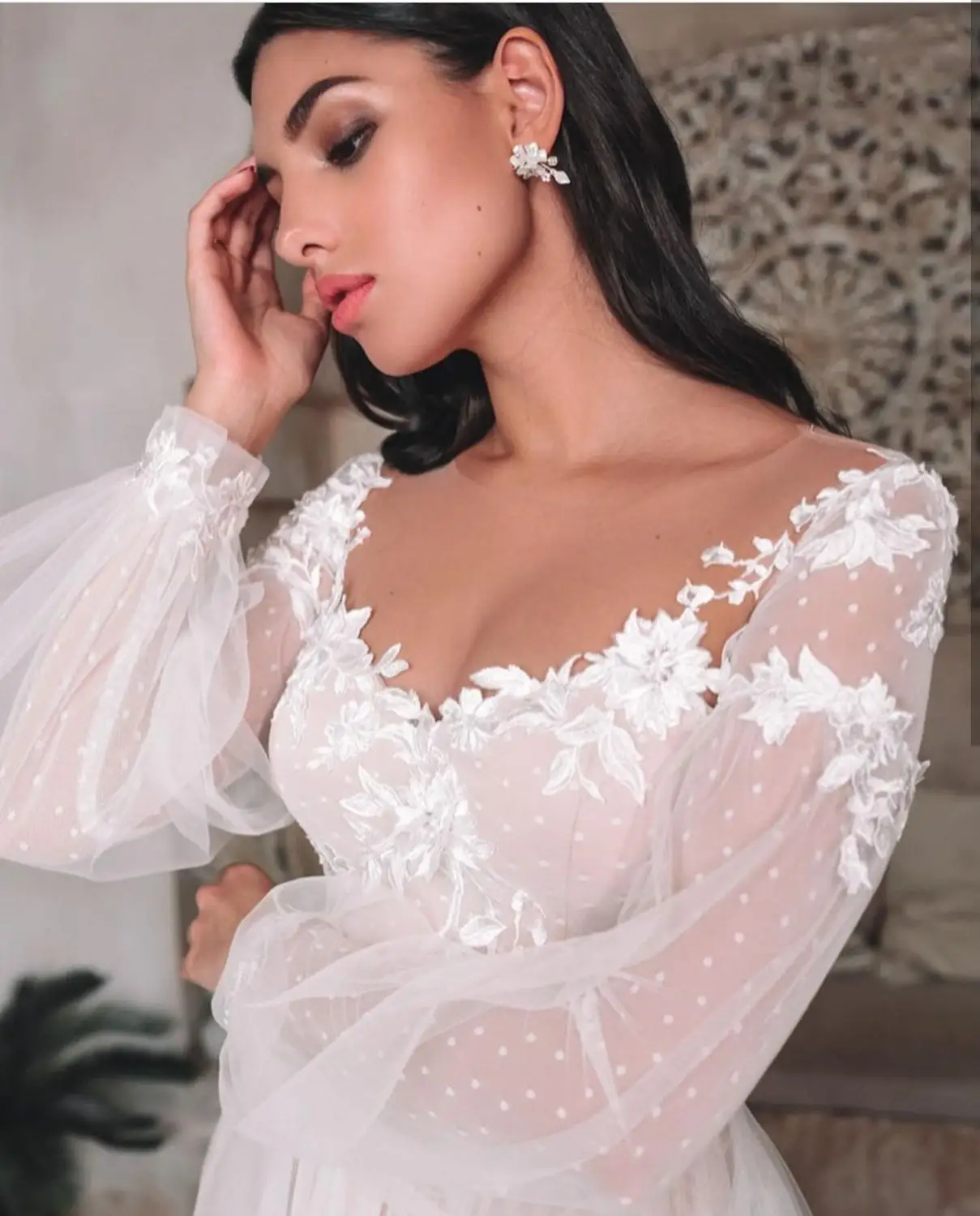 LSYX-vestido de novia de manga larga con corte en A, vestido de novia Sexy elegante, largo hasta el suelo, Espalda descubierta, abertura lateral, apliques de encaje