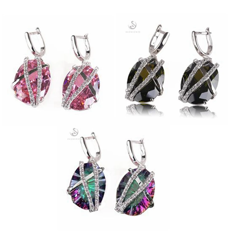 SHUNXUNZE Luxury Wedding Earrings For Women Men Christmas Gifts Pink Olive Rainbow Cubic Zirconia Rhodium Plated R527 R530 R3314