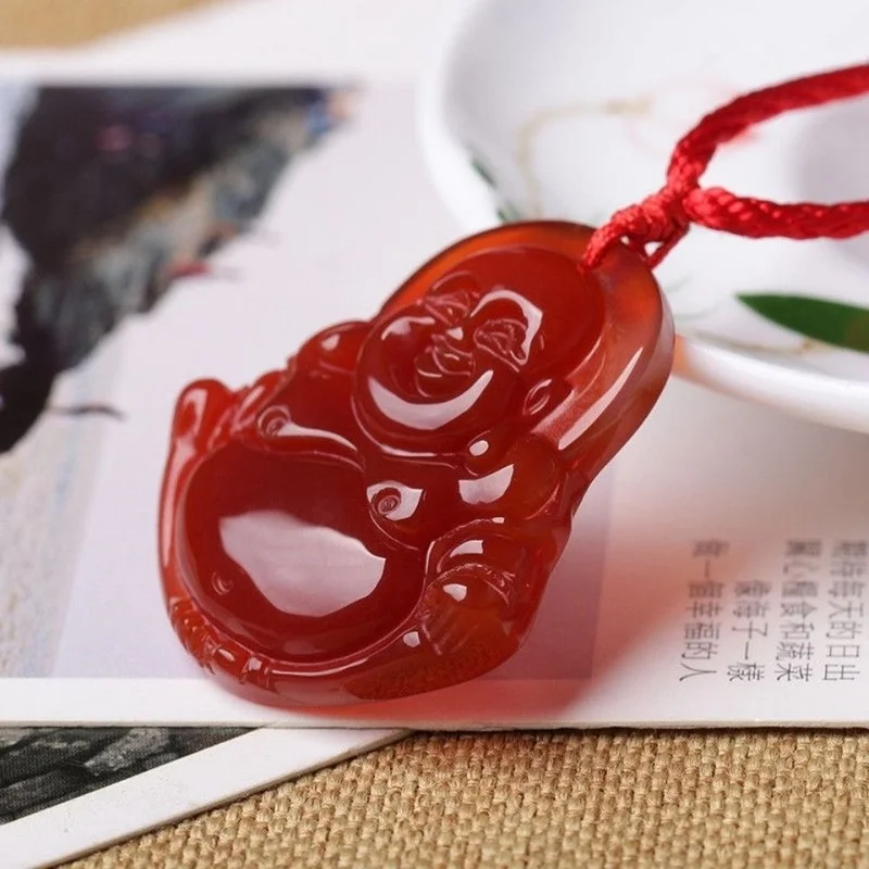 Natural Ice Red Agate Laughing Buddha Pendant Jade Chalcedony Maitreya Female Benmingnian Amulet Pendant