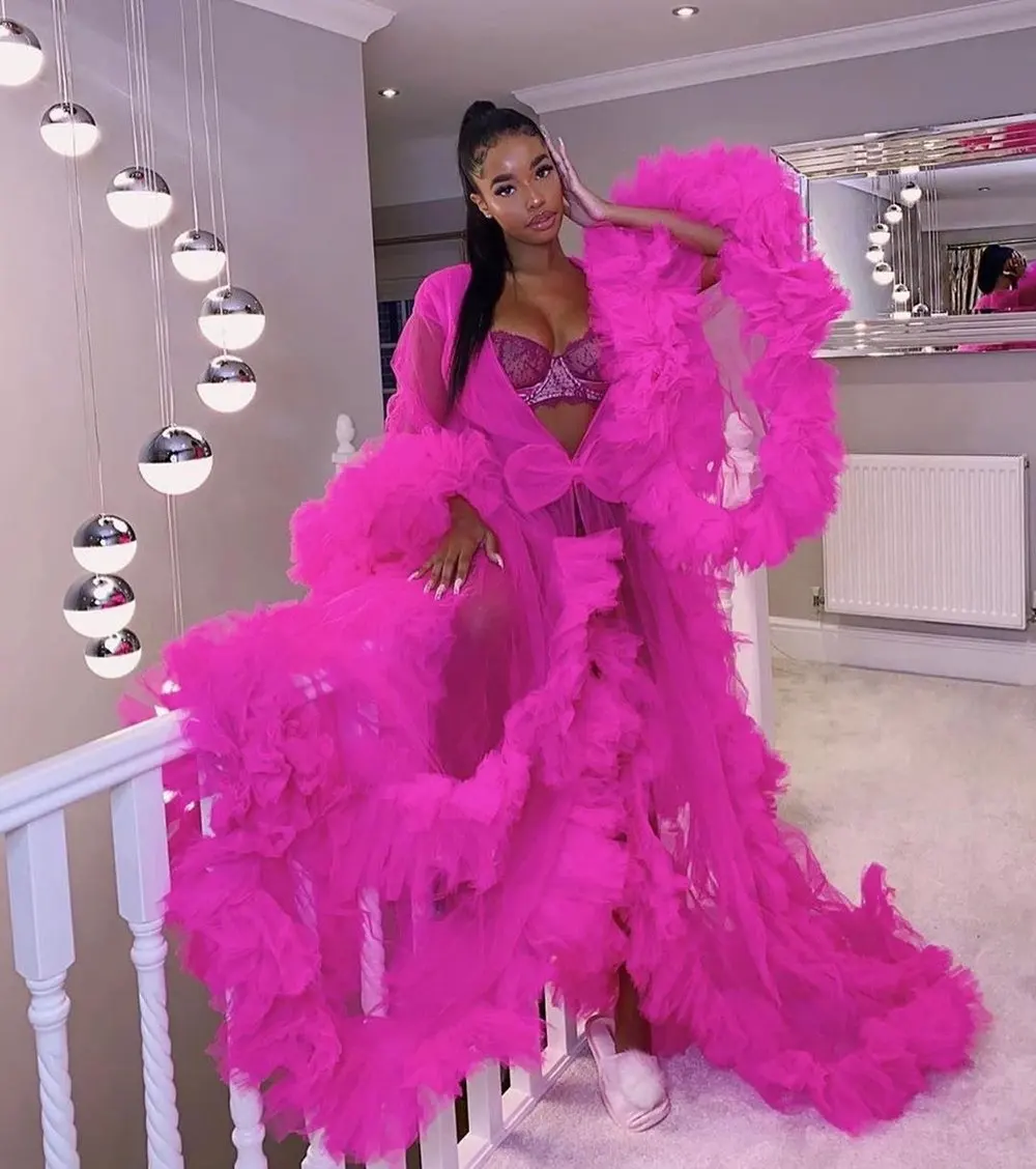 

Gorgeous Fuchsia Hot Pink Ruffles Long Pregnant Women Robe See Thru Tulle A-line Puffy Tulle Dress Maternity Photoshoot Vestido