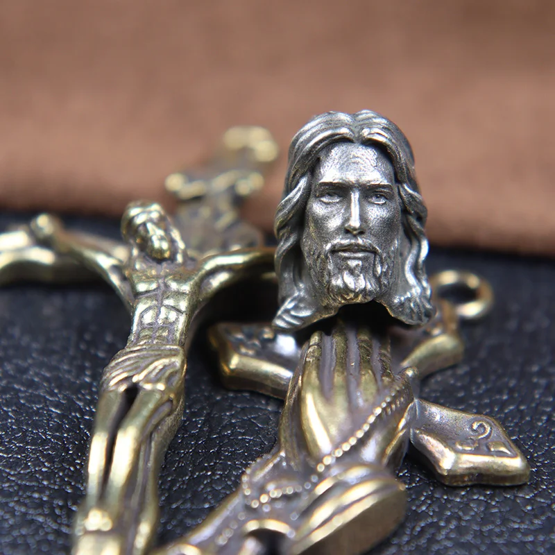 Christianity Jesus Savior Head Sculpture Brass Paracord Beads DIY EDC Keychain Outdoor Folding Knife Lanyard Hanging Accessories