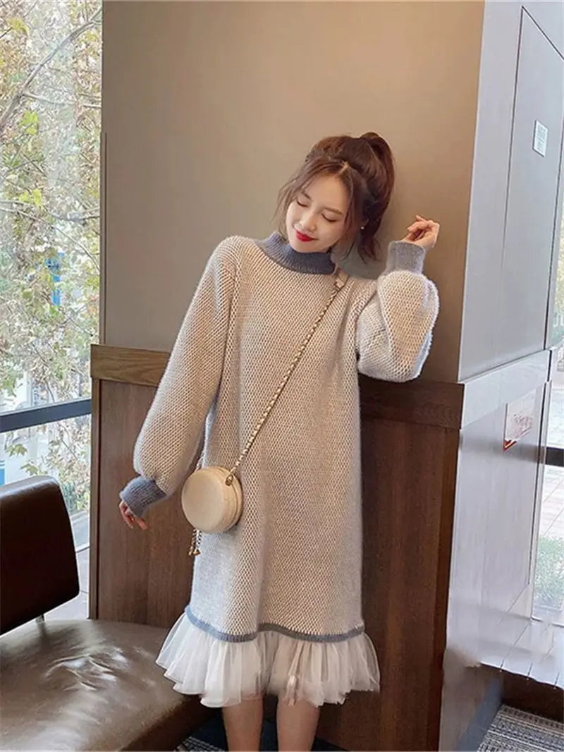 Vintage Plaid Knitted Sweater Dress For Fall And Winter Long Korean Women Gauze Stitching Hem Mink Velvet Warm Pullover M1157