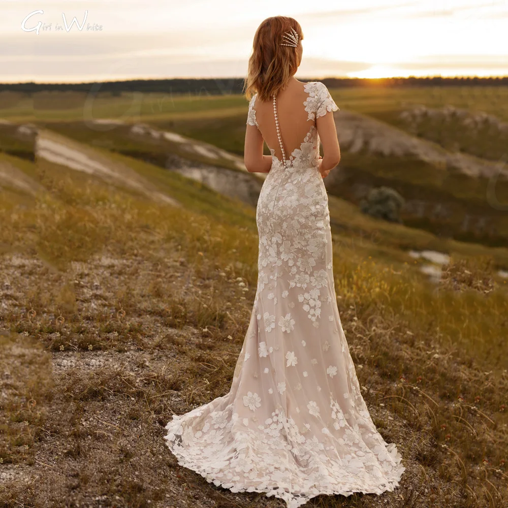 Romantische Bloem Kant Mermaid Trouwjurk Korte Mouw Bruidsjurk Button Backless Bruid Gewaden Bruid Om Vestido De Novia