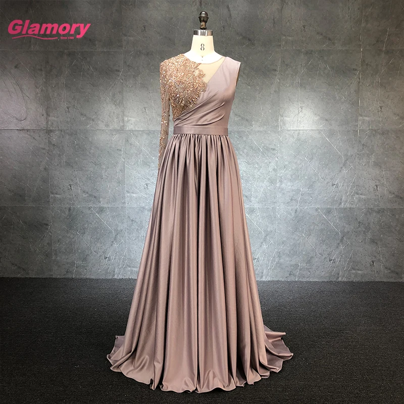 2021 High Neck EINE Linie Satin Muslimischen Abendkleider Frauen Elegante Perlen Formale Partei Lange Kleider