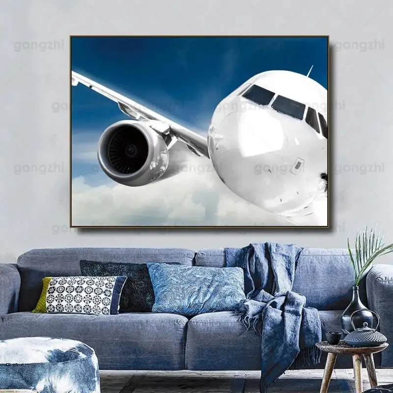 

Modern Abstract Airplane Flying Scenery Blue Sky Home Decoration Poster Nordic Canvas Printing Frameless Poster