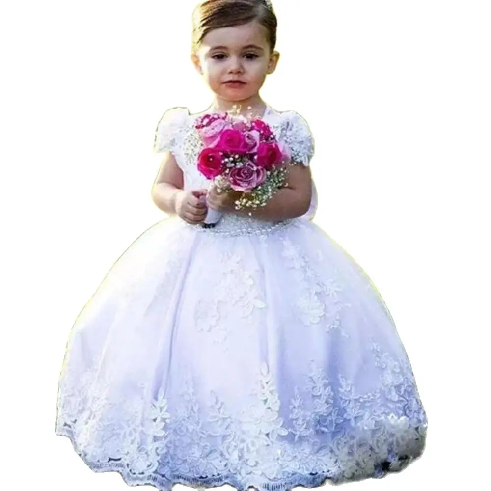 

Customized Flower Girl Dress For Wedding with Big Bow Sash With Pearl Prepared For Princess to Attend Various Parties Sheer Back