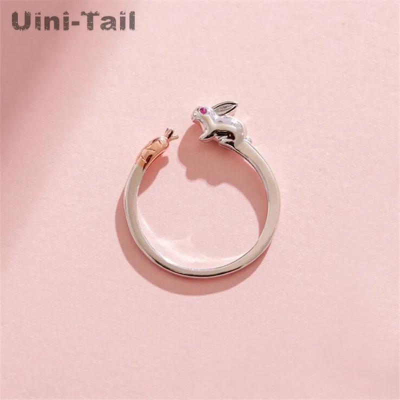 Uini-Tail 2024 new listing 925 Tibetan silver simple cute bunny carrot ring fashion creative small fresh sweet open ring ED495