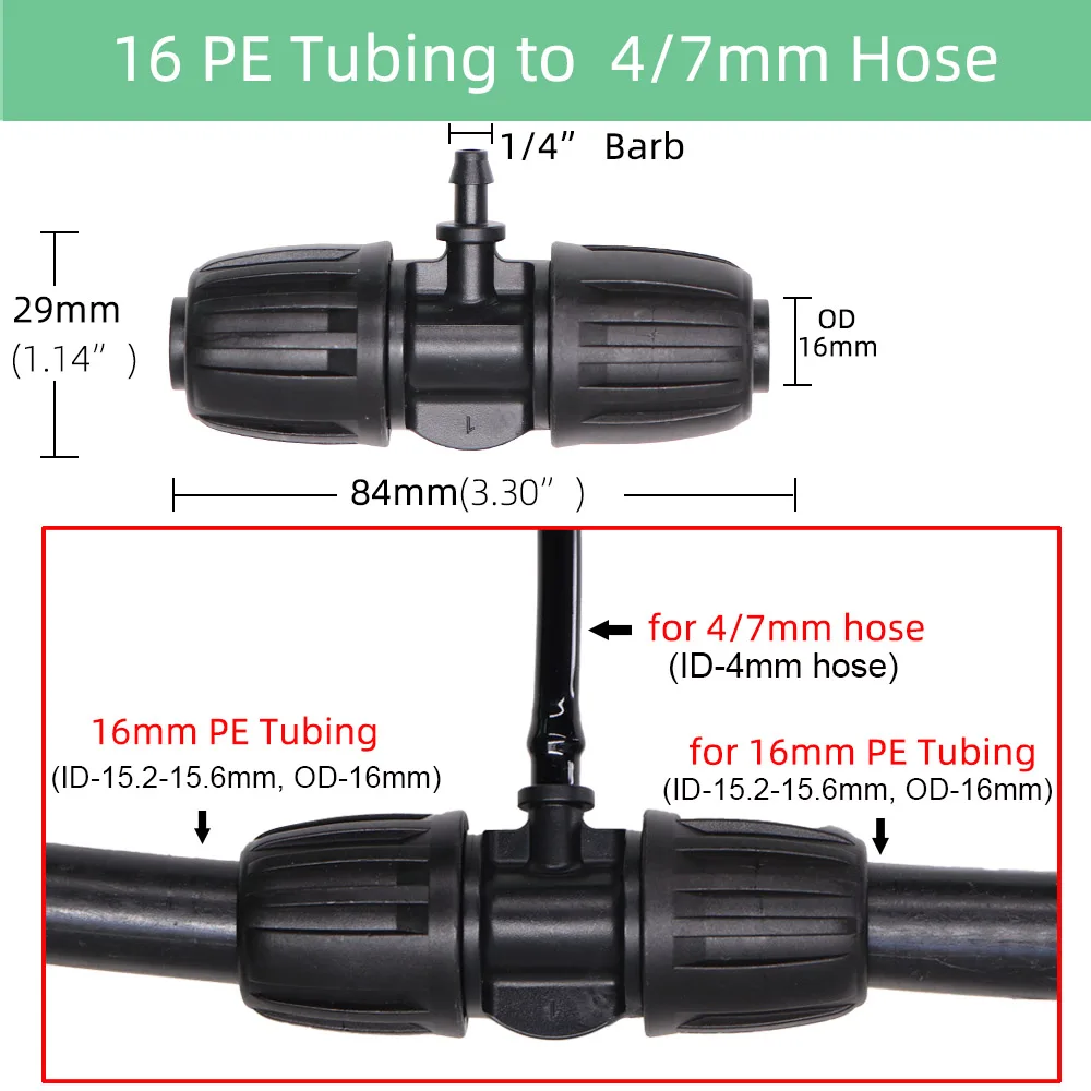 Ogród 16mm blokada złącze Tee 16mm PE rury do 4/7mm wąż redukcja Barb Adapter roślin nawadniania wody 1/2 \