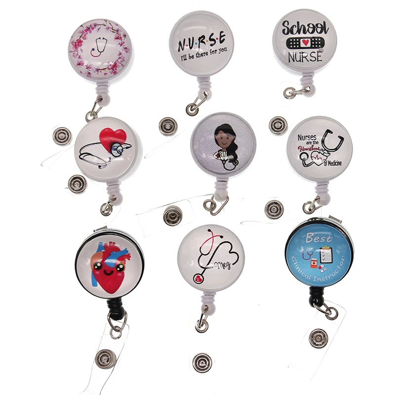 

10pcs/lot Wholesale Free Shipping Glass Printed Image Retractable Medical Nurse Stethoscope Lung Heart Badge Reel