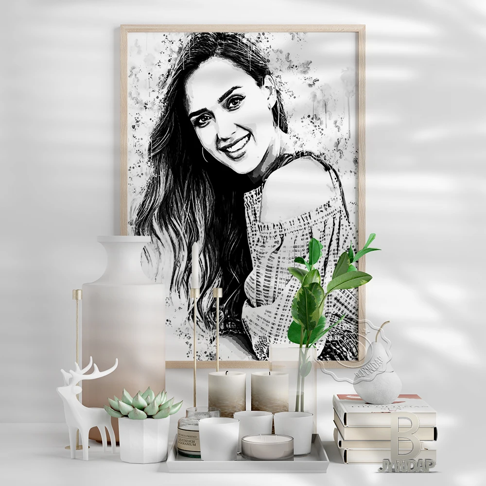 Jessica Alba Poster, American Actress Long Hair Girl Portrait Black White Watercolour Art, Minimalism Nordic Style Home Decor