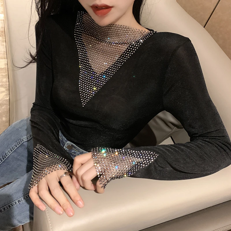 Autumn Winter Sequin T Shirt Women Long Sleeve Hot drilling Patchwork Slim Sexy Woman Mesh Black Tee shirt Women Tops 2022 DD01