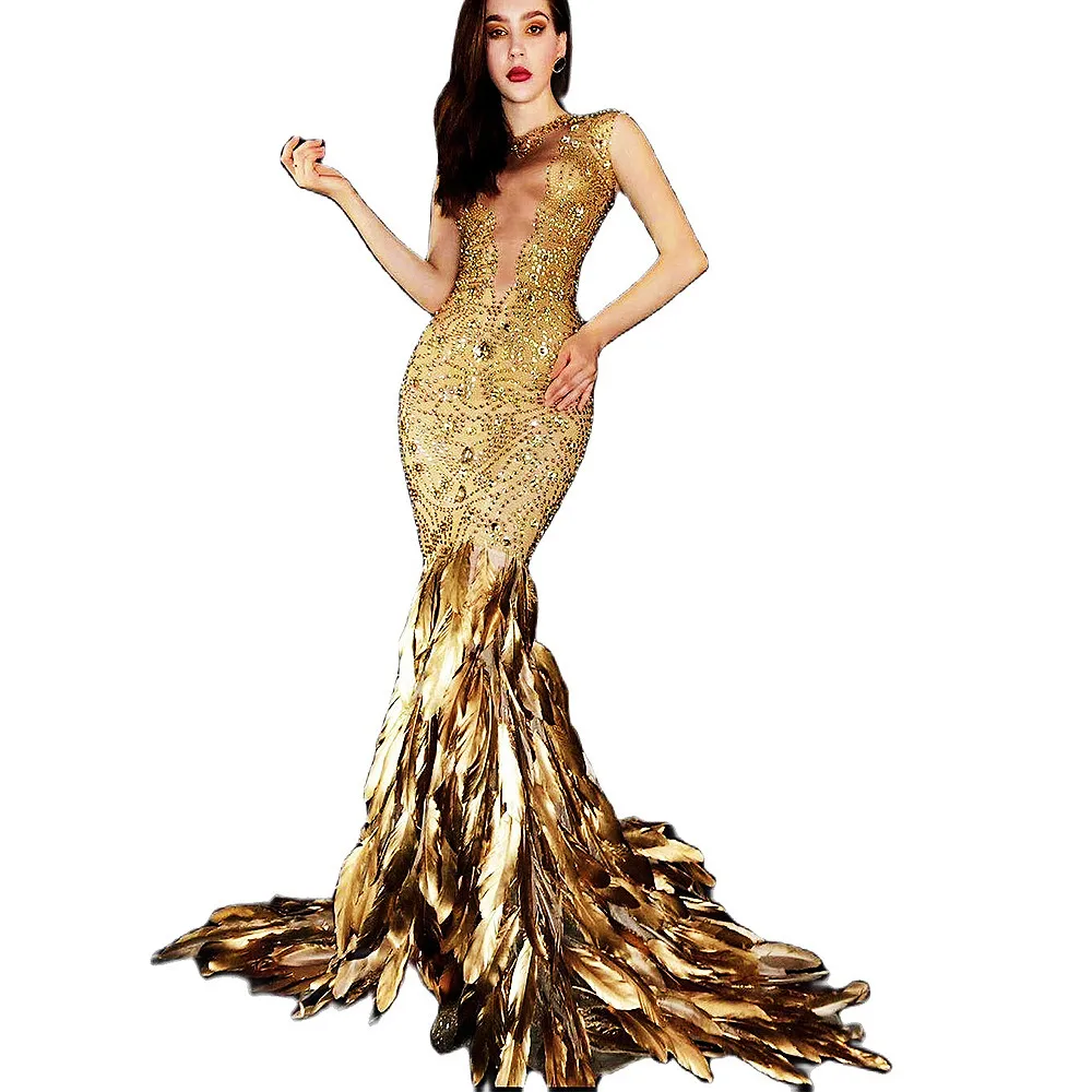 Women Glisten Gold Inlaid Diamond Dress Transparent Sleeveless Tight Elastic DS Costumes Long Feathers Trailing Dressy